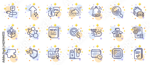 Outline set of Augmented reality, Fake news and Info line icons for web app. Include Home charging, Cloud system, Waterproof pictogram icons. Podcast, Chemistry lab, Energy growing signs. Vector