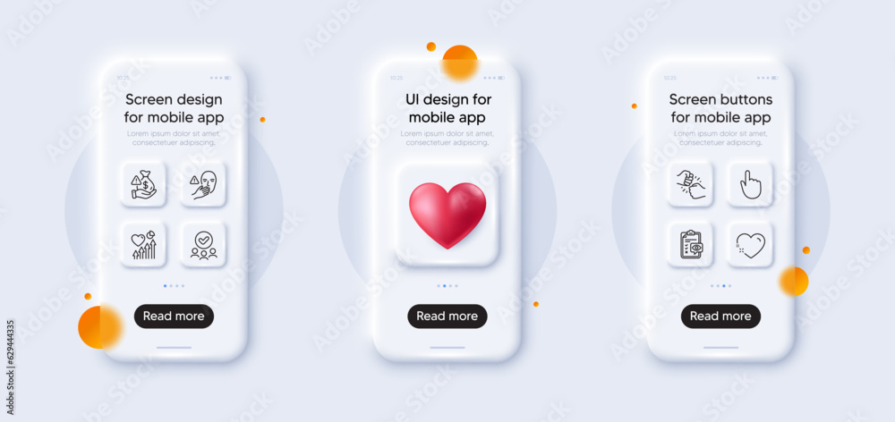 Bribe, Dont touch and Approved group line icons pack. 3d phone mockups with heart. Glass smartphone screen. Heart, Heart beat, Hand click web icon. Eye checklist, Fist bump pictogram. Vector Bribe, Dont touch and Approved group line icons pack. 3d phone mockups with heart. Glass smartphone screen. Heart, Heart beat, Hand click web icon. Eye checklist, Fist bump pictogram. Vector