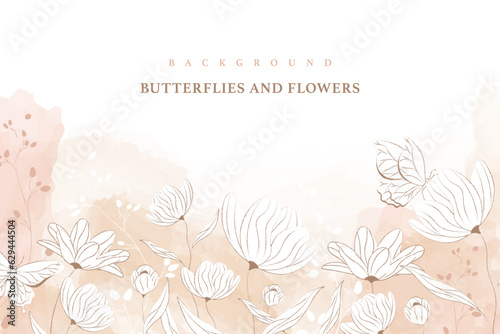 delicate pink botanical background with flowers and butterflies arranged at the bottom watercolor vector