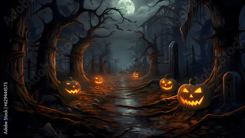 Pumpkins In Graveyard In The Spooky Night, dark sky-blue and dark gray color with jack o lantern, Generative AI
