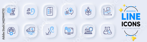 Coronavirus lungs, Chemistry lab and Fingerprint research line icons for web app. Pack of Whisper, Ambulance transport, Checklist pictogram icons. Fake internet, Hearing, Idea signs. Vector