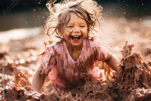 Happy funny childhood picture of a muddy little toddler laughing, having fun playing in rain puddle with copy space