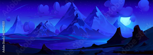 Night mountain landscape with lake in dark valley. Vector cartoon illustration of shooting stars, moon glowing in cloudy sky, footpath on hill, rocks with snow on slopes, beautiful natural background