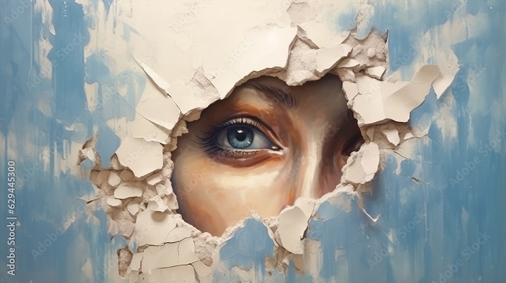 Generative AI, Woman eye looking through a torn hole in vintage paper, blue and beige colors mural. Painted hyperrealistic female art.