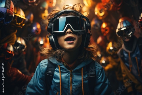Boy wearing virtual reality headset and in halloween costumes. VR goggles. Generative AI