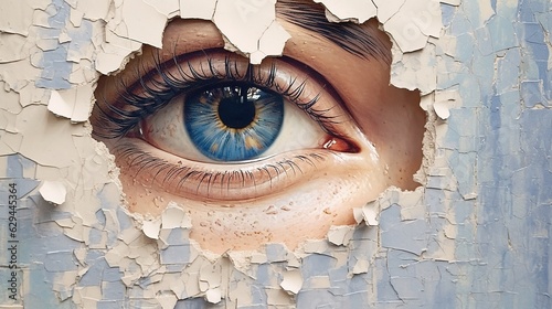 Fotografie, Tablou Generative AI, Woman eye looking through a torn hole in vintage paper, blue and beige colors mural