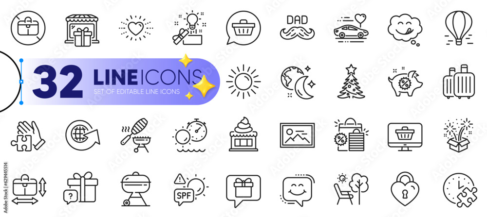 Outline set of Creative idea, Puzzle time and Heart line icons for web ...