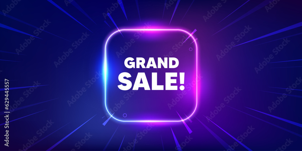 Grand sale tag. Neon light frame box banner. Special offer price sign. Advertising discounts symbol. Grand sale neon light frame message. Vector