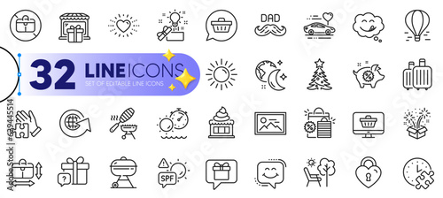 Outline set of Creative idea, Puzzle time and Heart line icons for web with Ice cream, Fireworks, Secret gift thin icon. Fish grill, Puzzle, Air balloon pictogram icon. Handbag size. Vector