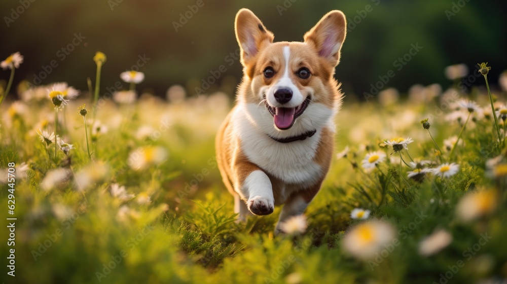 Cute corgi dog running in a green daisy flower field