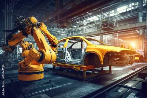 Industrial Car Manufacturing Equipment and Digital Devices in Production with Robot Arm, showcasing machinery, production processes. Generative AI Illustration