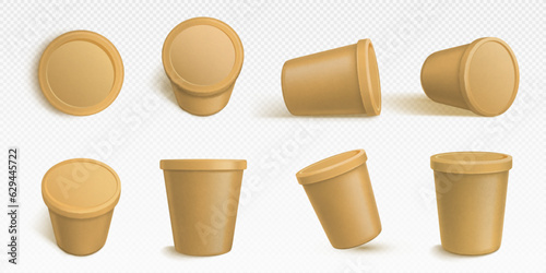 Brown ice cream cup paper package container mockup. Round yogurt bucket vector box. 3d realistic empty isolated plastic food branding kraft packaging. Clear gelato mock up template above view