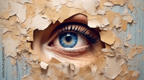 Generative AI, Woman eye looking through a torn hole in vintage paper, blue and beige colors mural. Painted hyperrealistic female art.