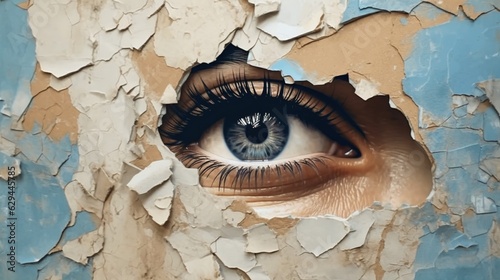 Generative AI, Woman eye looking through a torn hole in vintage paper, blue and beige colors mural. Painted hyperrealistic female art.