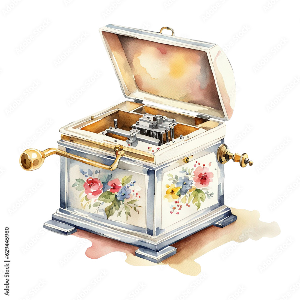 Old Retro Music Box Toy, PNG Clipart Image, Vintage Painted Watercolor