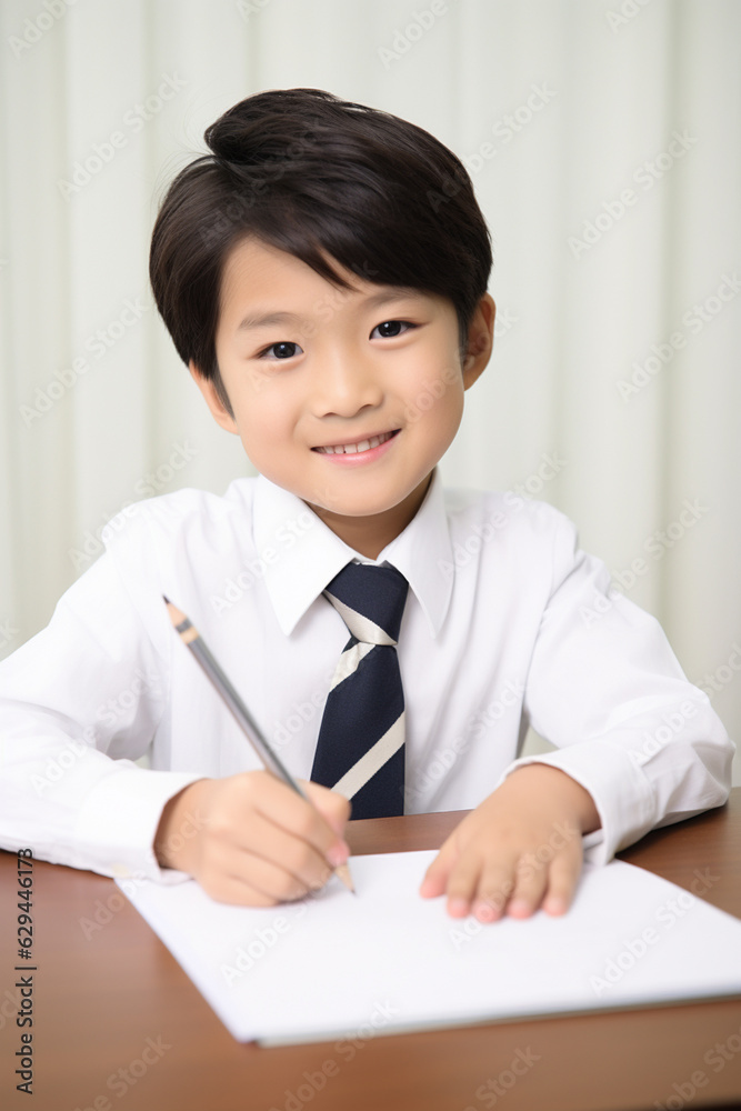 A happy Japanese school boy is sitting at the desk doing homework, white background. Asia. Asian. China. Japan. illustration created with AI A happy Japanese school boy is sitting at the desk doing homework, white background. Asia. Asian. China. Japan. illustration created with AI