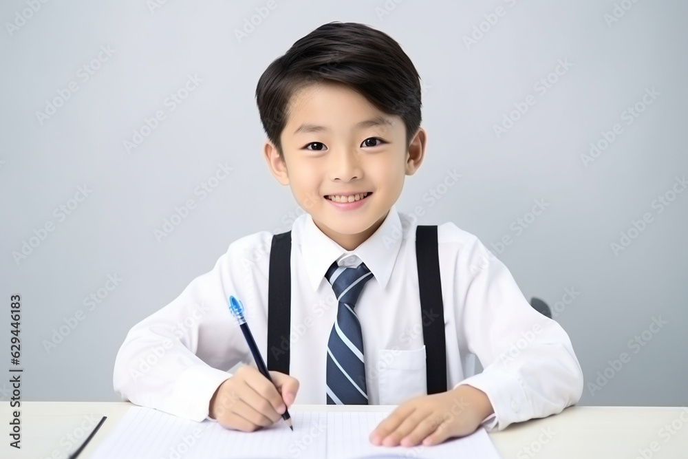 A happy Japanese school boy is sitting at the desk doing homework, white background. Asia. Asian. China. Japan. illustration created with AI A happy Japanese school boy is sitting at the desk doing homework, white background. Asia. Asian. China. Japan. illustration created with AI