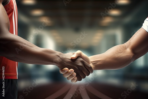 Sportsman partnership meeting. Closeup isolated handshake isolated. photo