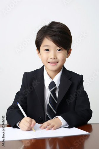 A happy Japanese school boy is sitting at the desk doing homework, white background. Asia. Asian. China. Japan. illustration created with AI