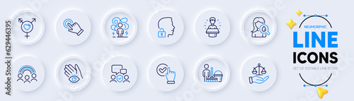 Inclusion, Genders and Difficult stress line icons for web app. Pack of Security agency, Checkbox, Touchscreen gesture pictogram icons. Brand ambassador, Cleaning, Moisturizing cream signs. Vector