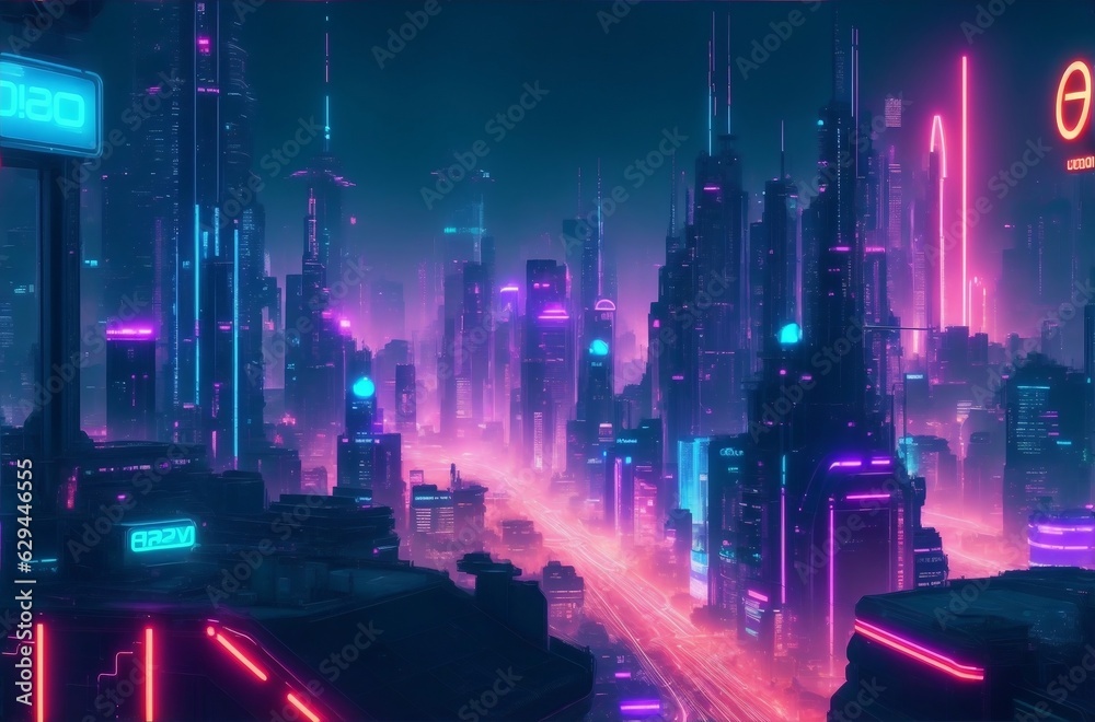 A futuristic cityscape illuminated by the neon glow.Created with generative AI
