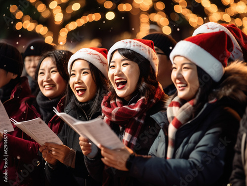 members of the Asian community gather in a park or town square to sing Christmas carols together.