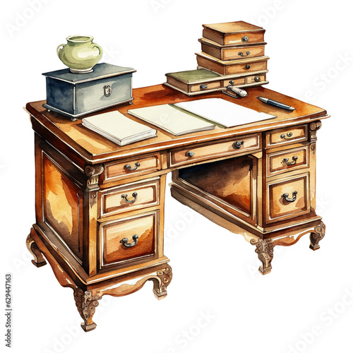 Office Desk Antique Furniture, PNG Clipart Image, Vintage Painted Watercolor Art, Generative AI