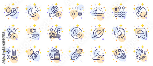 Outline set of Moon, Bio shopping and Night weather line icons for web app. Include Corn, Weather, Insomnia pictogram icons. Plants watering, Mint leaves, Leaf dew signs. Sunset, Lounger. Vector