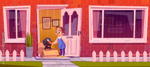 Child welcome dog in box at open house front door cartoon vector. Brick wall cottage facade and porch with step. Small dachshund and kid on doormat in village near road. Home exterior illustration