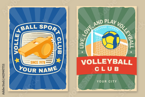 Set of Volleyball club retro poster, banner design. Vector illustration. For college league sport club emblem, sign, logo. Vintage retro poster, banner design with volleyball ball, player silhouettes.