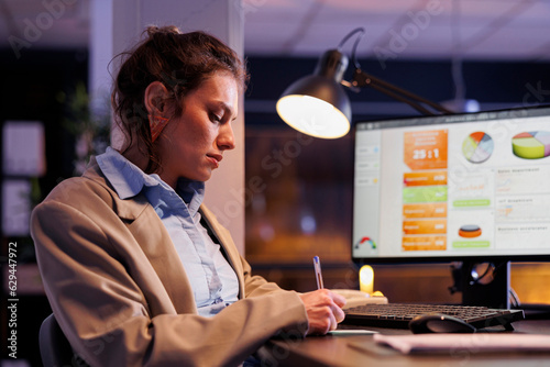 Executive manager checking financial graphs report, writing investment profit on stickey notes. Businesswoman working overhours at company strategy in starup office. Business concept photo