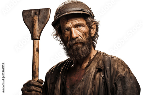Half Body View of a Miner Holding a Mattock on Transparent Background. AI photo