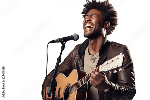 Fotografiet Half Body Musician Smiling with Microphone on Transparent Background