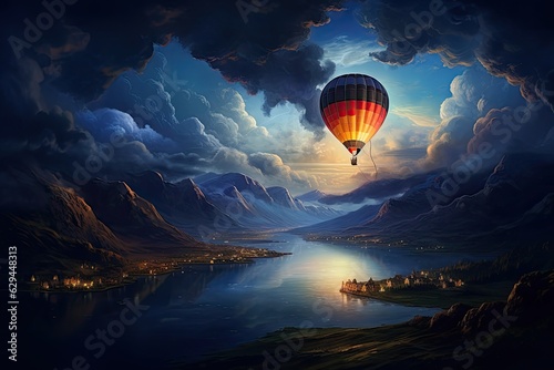 Beautiful view of mountains and lake, aerostat fly hot baloon