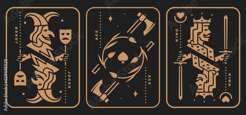 Set of playing card king, joker, ace. Vector illustration. Esoteric, magic Royal playing card king, joker, ace design collection. Minimalist style