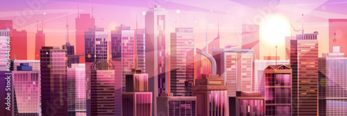 Pink sunset sky with cartoon cityscape vector background. Skyscraper street landscape with sun light ray view. Urban downtown district panorama backdrop. Business construction exterior game scape