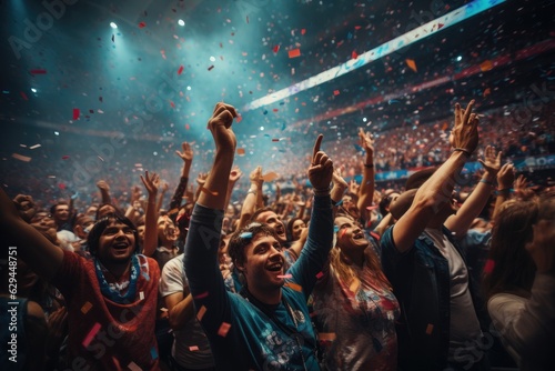 Sport fans cheer and celebrating a winning tournament in stadium. Generative AI