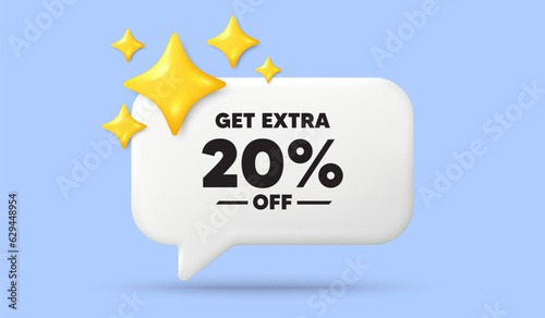 Get Extra 20 percent off Sale. 3d speech bubble banner with stars. Discount offer price sign. Special offer symbol. Save 20 percentages. Extra discount chat speech message. 3d offer talk box. Vector