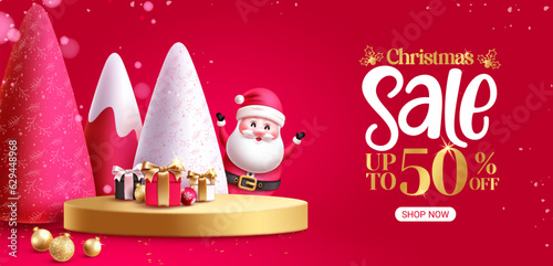 Christmas sale vector banner design. Christmas podium with santa claus character for product display presentation background. Vector illustration holiday season discount promo design.
