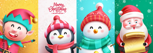 Christmas characters vector poster set design. Merry christmas greeting text with xmas characters like santa claus, snowman, penguin and reindeer character. Vector illustration seasonal characters 