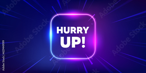 Hurry up sale tag. Neon light frame box banner. Special offer sign. Advertising discounts symbol. Hurry up sale neon light frame message. Vector