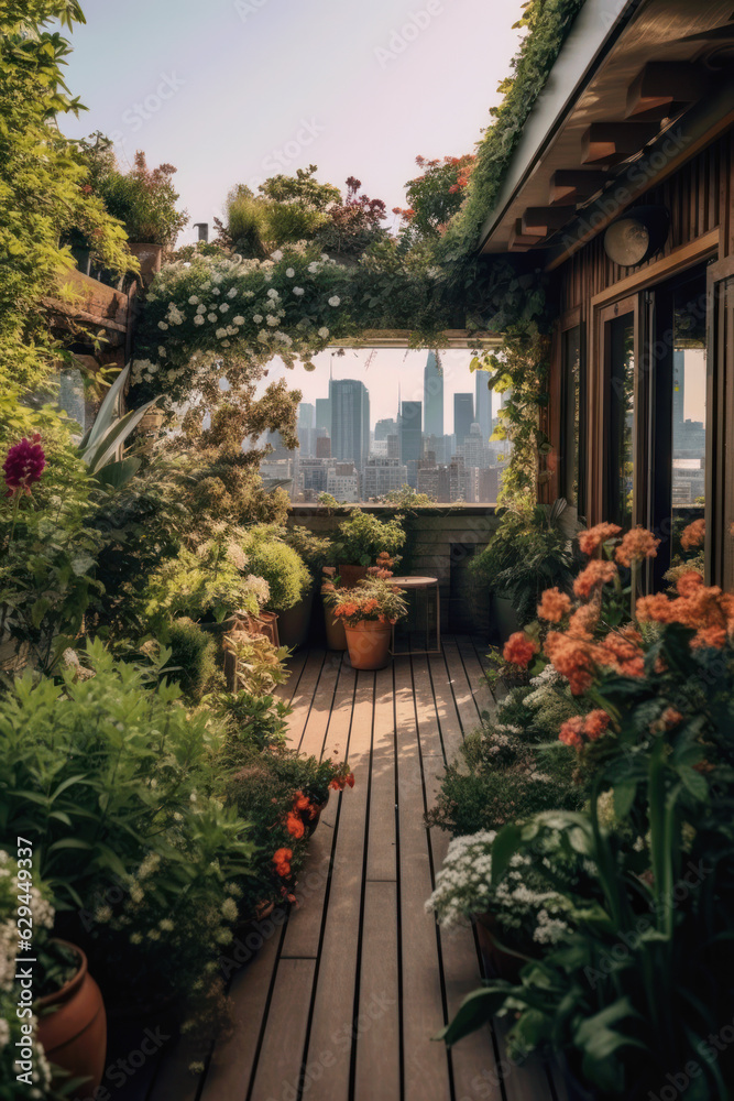 Fototapeta premium Balcony Garden, Plant-filled Balcony, Floral Balcony Display, Generative, AI, Illustration