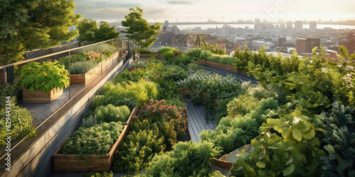 Aerial view of a city gardening rooftop, Green Roof, Sustainable Design, Urban Sustainability, Generative, AI, Illustration 