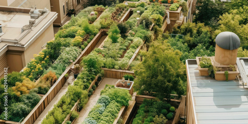Rooftop Garden, Urban Green Space, Green Roof, Generative, AI, Illustration
