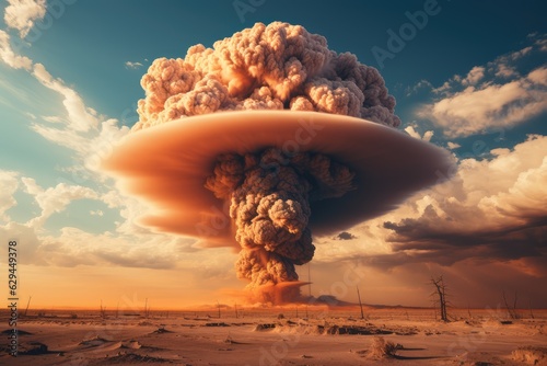 A mushroom cloud in the desert, the aftermath of a nuclear test - AI Generated photo