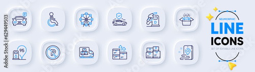 Wholesale inventory, Parking and Ferris wheel line icons for web app. Pack of Packing boxes, Transport insurance, Delivery truck pictogram icons. Wholesale goods, Diesel station. Vector