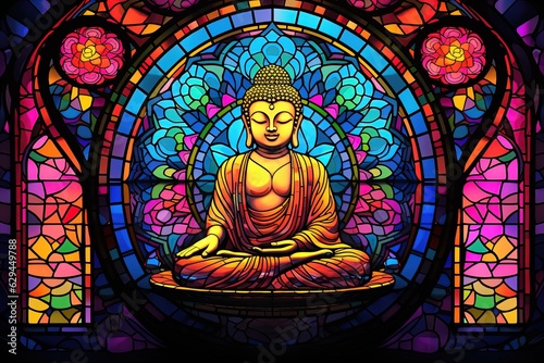 Illustration in stained glass style with buddha statue on colorful background.Generative Ai