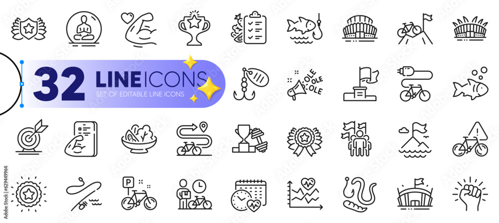 Outline set of Electric bike, Fishing and Laureate line icons for web ...