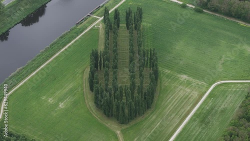 The Green Cathedral Created by artist Marinus Boezem, this land art project was established in 1987 in the polder landscape near Almere, aerial photo