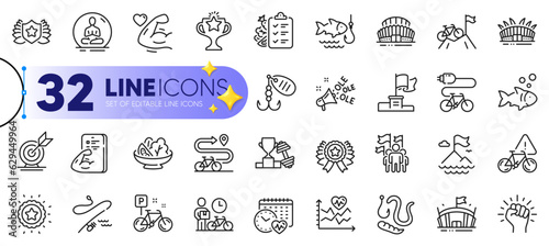 Outline set of Electric bike, Fishing and Laureate line icons for web with Dumbbell, Cardio training, Arena thin icon. Yoga, Cardio calendar, Arena stadium pictogram icon. Target goal. Vector